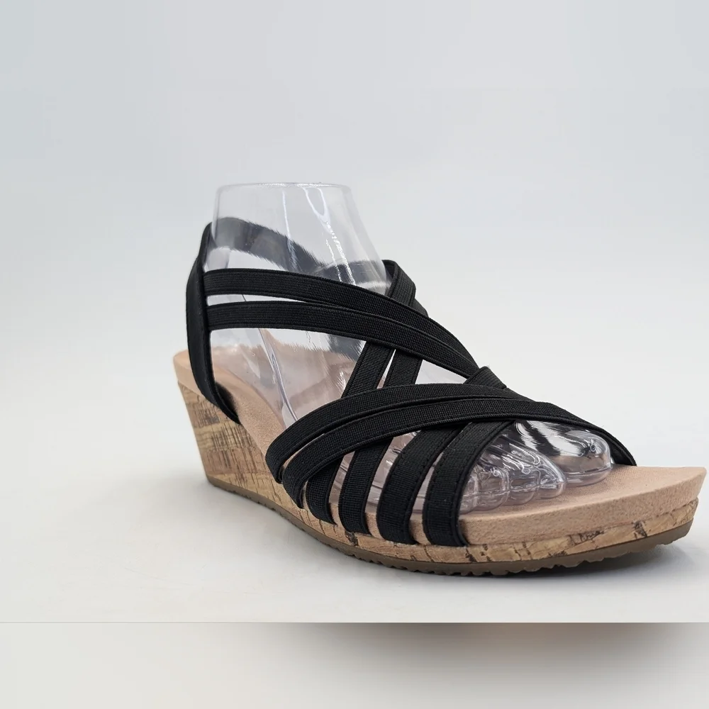 Life Stride Mallory Sz 9M Women's Black Elastic Straps Cork Texture Wedge Sandal